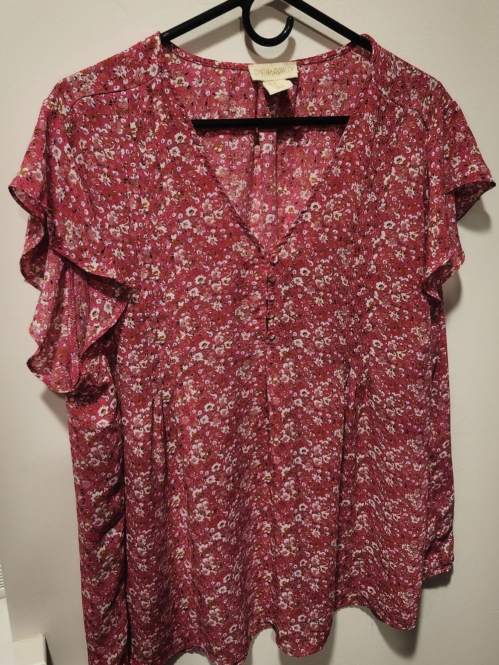 Cynthia Rowley Raspberry Pink Floral V-Neck Ruffle Sleeve Top